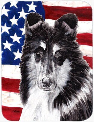 SC9630LCB Black And White Collie With American Flag USA Glass Cutting Board