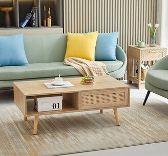 Aoolive 41.34 Rattan Coffee Table, Sliding Door for Storage, Solid Wood Legs, Modern Cabinet Center Table with Adjustable Foot Pads