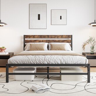 Gerojoinc Rustic Vintage Brown Queen Size Metal Platform Bed Frame with Headboard and Metal Slats, No Box Spring Needed