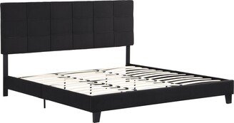 EHEK King Size Upholstered Platform Bed Frame with Linen Fabric Headboard, No Box Spring Needed, Wood Slat Support, BLACK