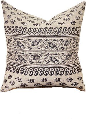 Remy Linen Floral Pattern Pillow Cover, Beige & Black Decorative Pillow, Hand Blocked Cover