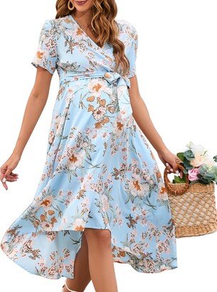 KOJOOIN 2023 Summer Maternity Dress Cross Floral V Neck Wrap Dress Short Sleeve Tie High Waist Dress A-Line Flowy Dress with Belt Blue XL