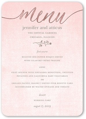 Wedding Menu Cards: Delightful Blooms Wedding Menu, Pink, 5X7 Flat Menu, Standard Smooth Cardstock, Rounded