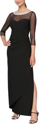 Illusion Sleeve Side Ruched Gown