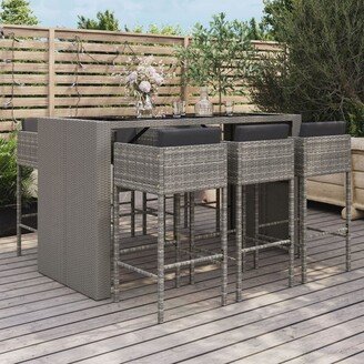 7 Piece Patio Bar Set with Cushions Gray Poly Rattan - 19.7 x 18.9 x 39.4-AB