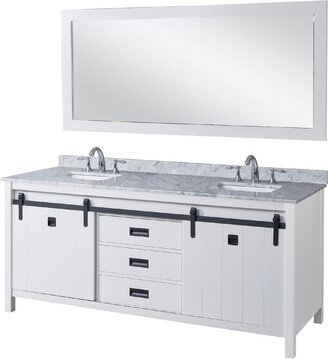 Da Vinci 71 in. Vanity in White with White Carrara Marble Top with white basins and Mirror