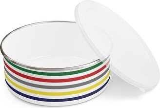 Rugby Stripe Enamel Bowl With Lid - Plain Or Personalized; 3