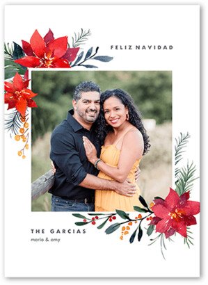 Christmas Cards: Poinsettia Corners Tarjeta De Navidad, White, 5X7, Feliz Navidad, Matte, Signature Smooth Cardstock, Square