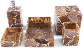 Brown Agate Gemstone 5-Piece Bathroom Accessory Set For Rustic Powder Rooms & Modern Bathrooms - Handmade Unique Gift