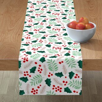 Table Runners: Botanical Christmas Garden Pine Leaves Holly Branch Berries - Green And Red Table Runner, 90X16, Green