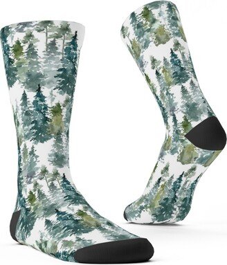 Socks: Woodland Trees Watercolor - White Custom Socks, Green