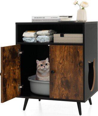 Industrial Cat Litter Box Enclosure with Entry and Open Compartment-Rustic Brown