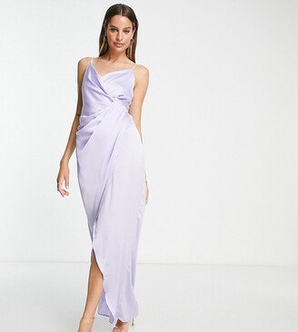 Liquorish Tall Bridesmaid cami strap satin wrap maxi dress in lilac