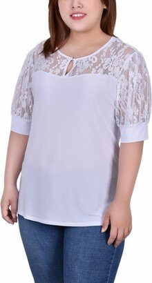 Plus Size Short Puff Sleeve Top with Lace Sleeves and Yoke