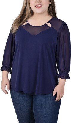 Plus Size 3/4 Sleeve Ringed Top with Mesh