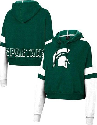 Women's Heather Green Michigan State Spartans Throwback Stripe Arch Logo Cropped Pullover Hoodie