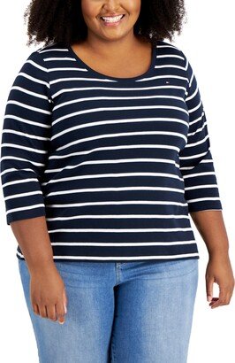 Plus Size Cotton Striped Top - Sky Captain/Bright White