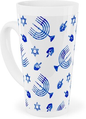 Mugs: Hanukkah Watercolor Menorah, Dreidel, Star Of David - Blue Tall Latte Mug, 17Oz, Blue