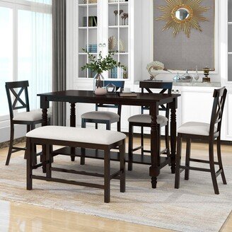GREATPLANINC 6-Pieces Wood Dining Table Sets, Muti-Functional Counter Dining Table, with 4 High-Density Seat Cushion Chairs and Bench