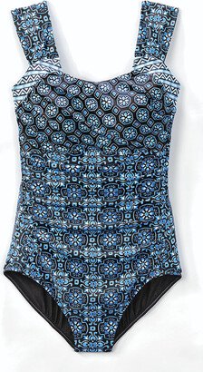 Women's Sunlit Tile ShapeMe Ruched Bathing Suit - Black/Blue Belle - 10