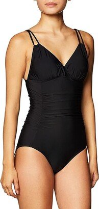 Women's Standard Shirred One Piece Swimsuit with Removable Cups (Black) Women's Swimsuits One Piece