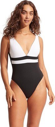 Slice Of Splice Spliced Deep V-Neck One-Piece (White) Women's Swimsuits One Piece