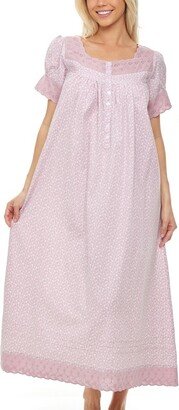 Alexander Del Rossa ADR Women' Cotton Victorian Nightgown, Amelia Short Sleeve Lace Trimmed Button Up Long Night Dre White Floral on Mauve Small