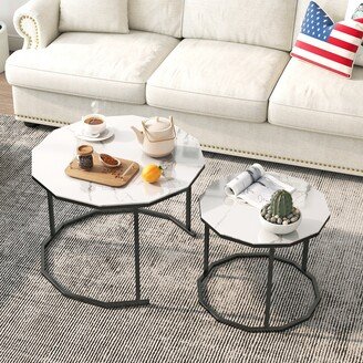 Mieres Modern Style 2 Pieces Coffee Table Set, Faux Marble Top Nesting Table Set with Steel Frame