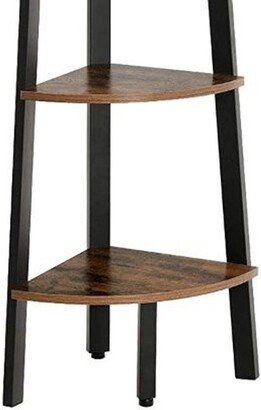 Five Tier Ladder Style Wooden Corner Shelf with Iron Framework, Brown and Black