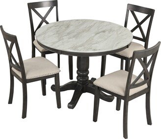 EDWINRAY 5-Piece Round Dining Table Set for 4 with Drop Leaf & 4 Padded Chairs-AA