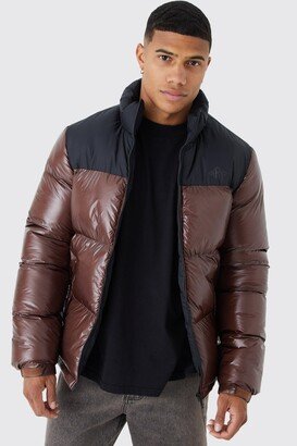 Mens Brown Man High Shine Colour Block Puffer