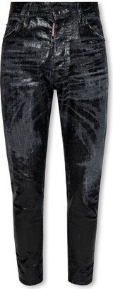 Coated-Finish Distressed Slim-Fit Jeans