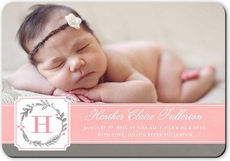 Birth Announcements: Wreath Monogram Girl Birth Announcement, Pink, Matte