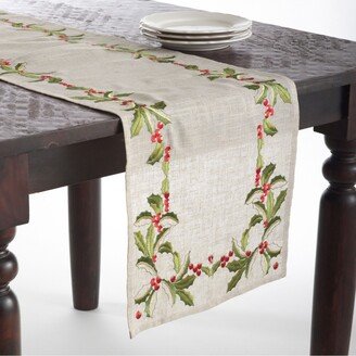 Saro Lifestyle Embroidered Holly Design Holiday Linen Blend Table Runners