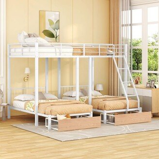 Calnod Full Over Twin & Twin Bunk Bed, Metal Triple Bunk Bed with Drawers and Guardrails