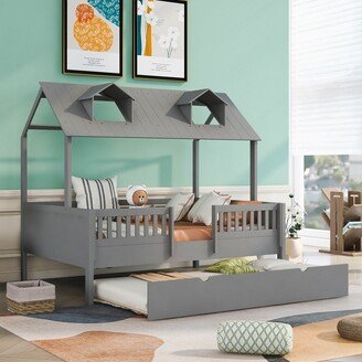 Tiramisubest Full Size House Bed Wood Bed with Twin Size Trundle Grey