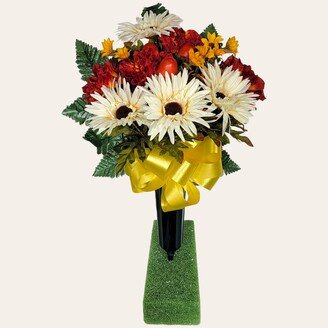 This Cemetery Cone Has Grave Flowers Including Cream Sunflowers, Dahlias, & Acorns. It's A Beautiful Funeral Or Memorial Decoration