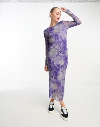 mesh midi dress in purple and green swirl print