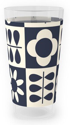 Outdoor Pint Glasses: Scandinavian Checker Blooms - Off White And Navy Outdoor Pint Glass, Black