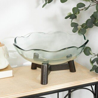 Studio 350 Clear Glass Floral Inspired Serving Bowl with Bronze Hammered Y-Shaped Stand-AA