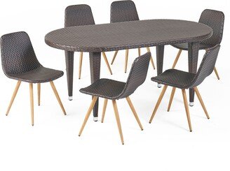 Lydia Outdoor 7-piece Oval Wicker Wood Dining Set