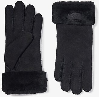 Womens Black Logo-patch Suede and Shearling Gloves