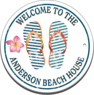 Beach Flip Flops House Welcome Themed Cottage Ceramic Circle Tile, Front Door Sign