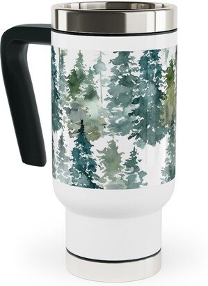 Travel Mugs: Woodland Trees Watercolor - White Travel Mug With Handle, 17Oz, Green