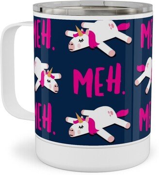 Travel Mugs: Meh - Splooting Unicorns - Pink On Navy Stainless Steel Mug, 10Oz, Pink
