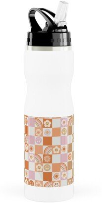 Photo Water Bottles: Retro Checkerboard - Daisy, Smile, Happy - Pink Orange Stainless Steel Water Bottle With Straw, 25Oz, With Straw, Orange