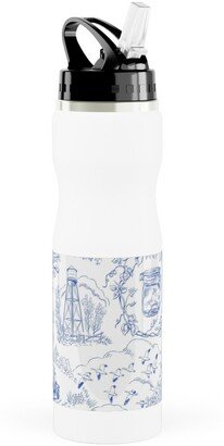 Photo Water Bottles: Country Living Toile - Blue Stainless Steel Water Bottle With Straw, 25Oz, With Straw, Blue