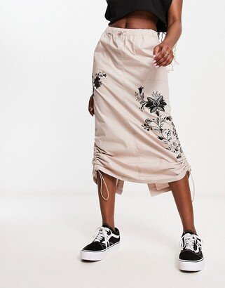 side ruched cargo maxi skirt with embroidery