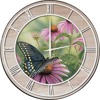 Wall Clock with Natural Woodgrain Accent - Black Swallowtail Butterfly - White Numbers - 24 x 24