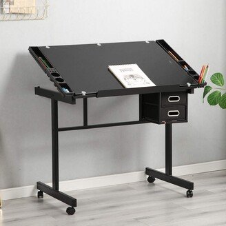 SogesGame Rolling Glass Desk Height Adjustable Drafting Table Painting Table Drawing Table Art Craft Desk Artist Desk Tilting Tabletop Sketching Desk with Drawers Black